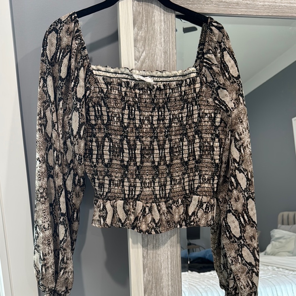 Sage Brown and Tan Smocked Crop Blouse with Long Sleeves